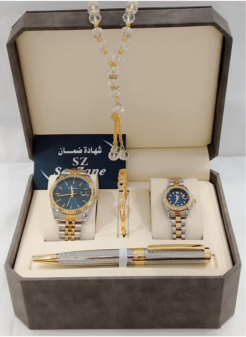 طقم ساعات فاخرة للأزواج مع قلم ومسبحة – الهدية المثالية!