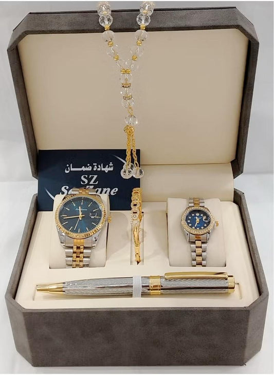 طقم ساعات فاخرة للأزواج مع قلم ومسبحة – الهدية المثالية!